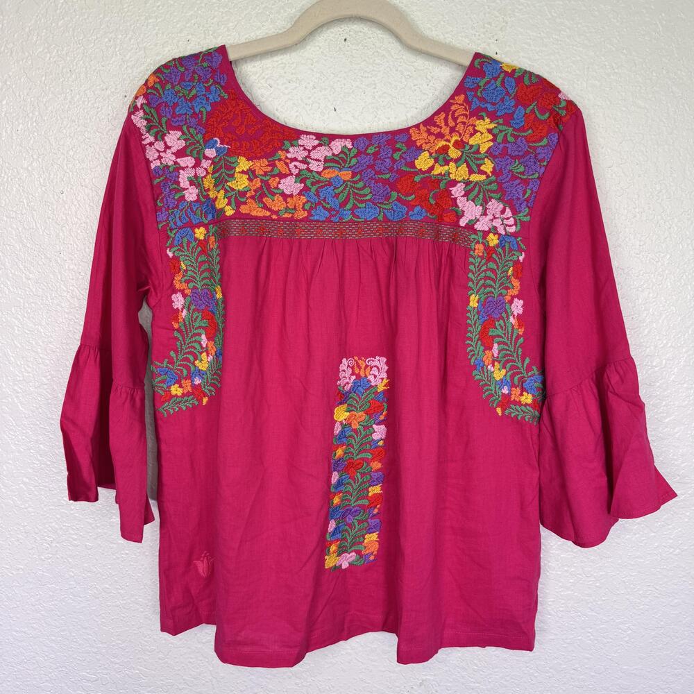 J Marie Top Womens Small Embroidered Floral Linen Blend Tunic Blouse Pink Boho